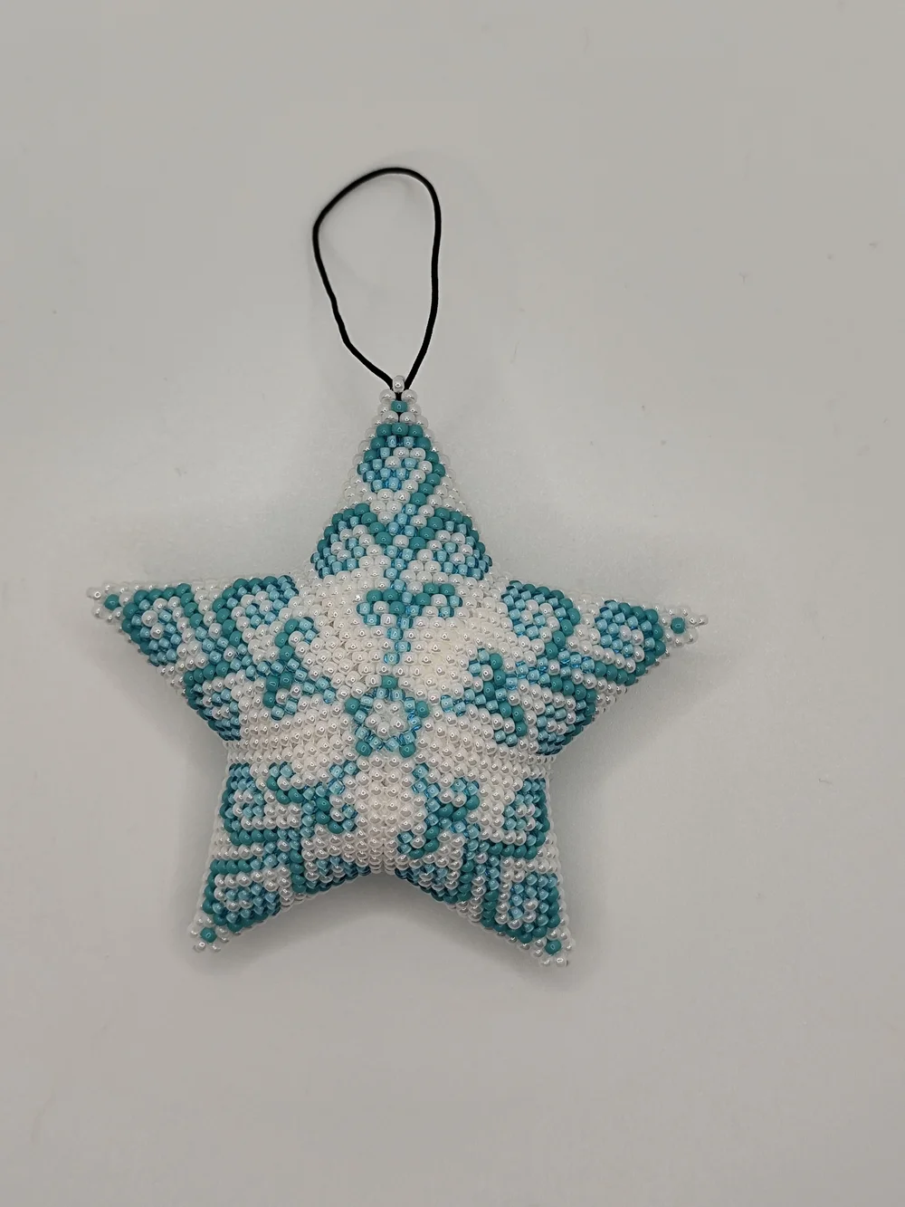 Beaded Star Ornament in White & Teal - Handcrafted Holiday Accent